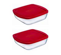 Pyrex O'Cuisine Borosilicate Glass Square Dish Container with Plastic Lid 1.6 Litre Red (Pack of 2)