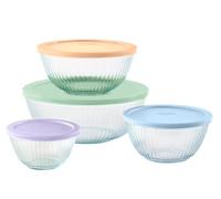 Pyrex Ribbed Glass Mixing Bowl Set with Lids | *LID COLORS MAY VARY* | Ribbed Glass Design | Pastel-Colored Lids | 8 Piece Set | 3 Cup, 6 Cup, 10 Cup & 4.5 Quart