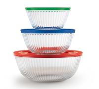 Pyrex Sculpted 3-Pack Glass Mixing Bowls (1.3 QT, 2.3 QT, 4.5 QT) with BPA-Free Lids, Prepping and Baking Food Storage Set, Dishwasher, Microwave and Freezer Safe