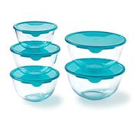 Pyrex® Set of 5 Heavy Duty Glass Salad Bowls with Lids (0.5L - 1L - 2L) BPA Free | Made in France, Dishwasher, Microwave and Oven Safe (1 x 0,5L + 2 x 1L + 2 x 2L)