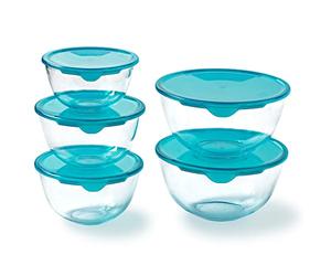 Pyrex® Set of 5 Heavy Duty Glass Salad Bowls with Lids (0.5L - 1L - 2L) BPA Free | Made in France, Dishwasher, Microwave and Oven Safe (1 x 0,5L + 2 x 1L + 2 x 2L)