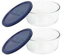 Pyrex Storage 4-Cup Round Dish with Dark Blue Plastic Cover, Clear (Pack of 2 Containers)