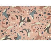 Pyrhan Cotton Fabric by Rose & Hubble | Shark & Whales in Ocean Print | 45 Inches (114 cm) | Crafting & Dressmaking Material | Pale Pink