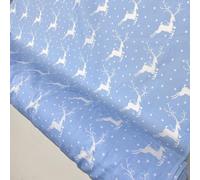 Pyrhan Ltd White Reindeer & Stars on Sky Blue Printed Polycotton Fabric by the Metre, 45 Inch Wide - Christmas Fabric for Dressmaking, Quilting, Sewing & Crafts