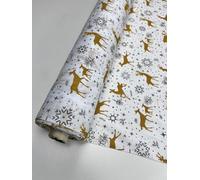 Pyrhan Polycotton Christmas Fabric by The Metre, 45 Inch Wide Golden Reindeer Print on Navy Blue, Festive Craft & Sewing Material for Quilting, Dressmaking, DIY & Holiday Decorations (White)