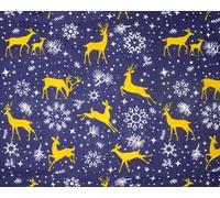 Pyrhan Polycotton Christmas Fabric by The Metre, 45 Inch Wide Golden Reindeer Print on Navy Blue, Festive Craft & Sewing Material for Quilting, Dressmaking, DIY & Holiday Decorations