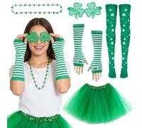 PyrrlicToy 5pcs St. Patrick Day Costume Set, Green Shamrock Tutu Skirt Headband Necklace Arm Warmers, Irish Saint Patrick's Day Fancy Dress Outfit for Party Parade