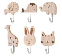PyrrlicToy 6 Pcs Wooden Hook Set Cute Animal Hook Kids Cartoon Hooks Durable Wall Hooks Home Wall Decoration Stick-on, no Drilling Ideal for Use in Bedrooms, Bathrooms, Kitchens, Cloakrooms
