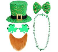 PyrrlicToy St Patricks Day Hat,St. Patrick's Day 5Pcs of Dwarf Hat,Clover Tie,Glasses,Beard,Party Necklace,Irish Holiday Costume Props,Suitable for Both Adults and Children