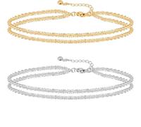 PYRWSM 2-Pcs 14K Gold-Silver-Plated Stainless-Steel Geometric | Bling bohemian adjustable anklet set, tarnish-resistant water-resistant summer-ready women jewelry gift.