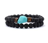 PYRWSM 2-Piece Natural Stone Bead Bracelet Set For Men, Blue Turquoise Volcanic Lava & Wooden Beads With Elastic Band