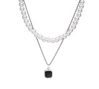 PYRWSM 2pcs Necklaces Set For Men, Geometric Square Pendant With 55cm Rope Box Cuban Chain, Simulated Pearl Chain Steel Collar