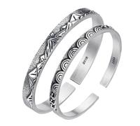PYRWSM 2pcs Vintage Eternal Vow Couple Bangle Set - Matching Open Cuff Bracelets With Mountain & Wave Engravings, Silver-Plated Copper
