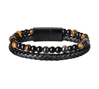 PYRWSM Braided Leather Bracelet With Tiger Eye Stone Beads, 12mm Wide Blue Black Men's Bangle 21.5cm Length