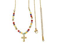 PYRWSM Retro Cherry & Cross Heart Necklace, Gold Stainless Steel With Colored Natural Stone Beads 40cm+5cm Chain