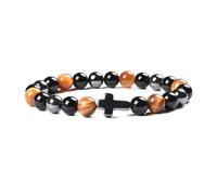 PYRWSM Triple Protection Bracelet Bring Luck Natural Hematite Slimming Black Obsidian Tiger Eye Stone Beads Women Men Cross Bracelets