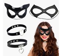 PYSEOSISE Catwoman Mask and Choker Set, 4 Pieces Cat Costume Women Black Cat Mask Choker Necklace for Women Halloween Carnival Costume Party Cat Cosplay Masquerade