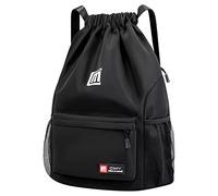 Pystuvo Drawstring Gym Bag, Large Drawstring Bags With Mesh Pockets Water, Nylon Waterproof Drawstring Bag Gym Bag Drawstring With Outside Zipper For Sports Holidays Swimming Travel,Black