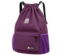 Pystuvo Drawstring Gym Bag，Large Drawstring Bags With Mesh Pockets Water，Nylon Waterproof Drawstring Bag Gym Bag Drawstring With Outside Zipper For Sports Holidays Swimming Travel,Purple (U12X1207P)