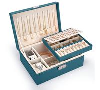 Pystuvo Jewellery Box for Women, 2-Layer Large Jewellery Organiser Box with 2 Watch Pillows, PU Leather, Travel Jewellery Organiser for Earrings Rings Necklaces Watches Bracelets,Green