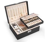 Pystuvo Jewellery Box for Women, 2-Layer Large Jewellery Organiser Box with 2 Watch Pillows, PU Leather, Travel Jewellery Organiser for Earrings Rings Necklaces Watches Bracelets,Black