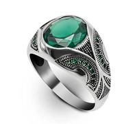 PYTALI 2CT Silver Emerald Ring for Men S925 Sterling Silver Oxidized Handmade Turkish Men's Ring Customized Name Green Gemstone Ring for Men Boyfriend Husband Engagement Wedding Size 4-16