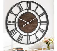 Pytha Sight Large Wall Clock for Living Room,60cm Black Skeleton Modern Big Silent Vintage Walnut Wood Roman Numerals Wall Clocks for Kitchen,Bedroom, Office, Fireplace, Classroom Home Decor