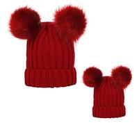PythJooh 2PCs Mom and Baby Hat Winter Warm Cute Pom Pom Wooly Crochet Hats