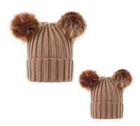 PythJooh 2PCs Mom and Baby Hat Winter Warm Cute Pom Pom Wooly Crochet Hats Family Matching Beanie Hats for Women and Baby Girl Boy Kids 0-3Years Khaki
