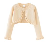 PythJooh Baby Girl Long Sleeve Knitted Bolero Shrug Cardigan Sweatshirt Kid One-Button Frilly Shrug with Flowers Detail for 1-9Years Apricot