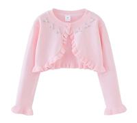 PythJooh Baby Girl Long Sleeve Knitted Bolero Shrug Cardigan Sweatshirt Kid One-Button Frilly Shrug with Flowers Detail for 1-9Years Pink