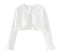 PythJooh Baby Girl Long Sleeve Knitted Bolero Shrug Cardigan Sweatshirt Kid One-Button Frilly Shrug with Flowers Detail for 1-9Years White