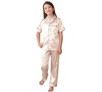 PythJooh Girls Boys Kids 2PCs Short Sleeve Silky Top Shirt with Full Length Pants Bottoms Outfits for 5-13Years Champagne