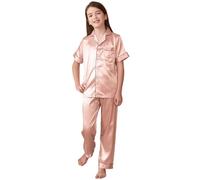 PythJooh Girls Boys Satin Pyjamas Kids 2PCs Short Sleeve Silky Tops with Full Length Pants Bottoms Sleepwear Nightwears Pjs for 5-13Years