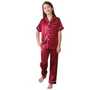PythJooh Girls Boys Satin Pyjamas Set Kids 2PCs Short Sleeve Silky Top Shirt with Full Length Pants Sleepwear Nightwear Outfits for 5-13Years Burgundy