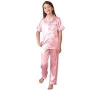 PythJooh Girls Boys Satin Pyjamas Set Kids 2PCs Short Sleeve Silky Top Shirt with Full Length Pants Sleepwear Nightwear Outfits for 5-13Years Pink