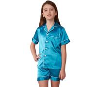 PythJooh Girls Boys Satin Pyjamas Set Unisex Kid Short Sleeve Silky Button-down Pjs Sleepwear Nightwear Outfits Set for 5-13Years Turquoise