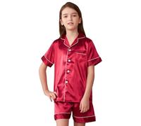 PythJooh Girls Boys Satin Pyjamas Set Unisex Kid Short Sleeve Silky Button-down Pjs Sleepwear Nightwear Outfits Set for 5-13Years Burgundy
