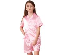 PythJooh Girls Boys Satin Pyjamas Set Unisex Kid Short Sleeve Silky Button-down Pjs Sleepwear Nightwear Outfits Set for 5-13Years Pink