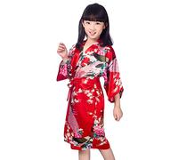 PythJooh Girls Kimono Dressing Gowns, 1-13Years Kids Peacock and Blossoms Satin Silky Kimono Bathrobes Dress for Spa Wedding Party