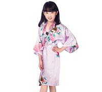 PythJooh Girls Kimono Dressing Gowns, 1-13Years Kids Peacock and Blossoms Satin Silky Kimono Bathrobes Dress for Spa Wedding Party