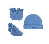 PythJooh Newborn Infant Baby Girl Boy Organic Cotton Hospital Hat with Anti Scratch Mittens Booties Set for 0-6Months Denim Blue
