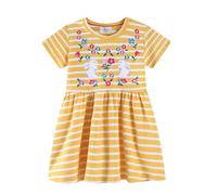 PythJooh Toddler Girl Rabbit Dress Little Kid Short Sleeve Polka Dots Cotton Dress with Flowers Rabbits Embroideries for 2-7Years Yellow