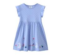 PythJooh Toddler Girl Rabbit Dress Little Kid Short Sleeve Polka Dots Cotton Dress with Flowers Rabbits Embroideries for 2-7Years Blue