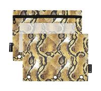 Python Skin Texture Brown Yellow Teen Pencil pouching with Clear Window Pencil Bag Big Capacity 3 Ringing case for School Office & Home Multicolored 2 PCS
