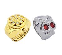 Pyugxab 2 Pcs Women Finger Ring Watch: 1 Pcs Red Eyes Skull Design Stretchy Band Quartz Ring Watch & 1 Pcs Round Dial Crystal Flower Decor Elastic Band Finger Ring Watch Golden