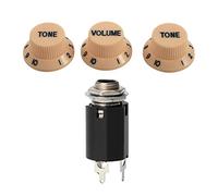 Pyugxab Cream Dark Blue Font 1 Volume & 2 Tone Guitar Control Knobs for Strat & 1Pc Black Guitar Endpin Jack 6.35 Input