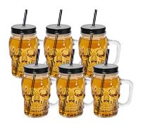 PYVYLO 16 oz Skull Mason Jar with Handle,6 Pack Glass Skull Cup with Lid and Straw,Glass Beer Mug Drinking Glasses for Halloween Decor