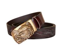 PYWJGZSX Men's Belt, Men's Genuine Leather Belt Auto Ratchet Solid Brass Engraved Artistic Wolf Pack Buckle 1.3/8‘’ Wide Adjustable Fit Trim/Coffee/125Cm/49"