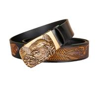 PYWJGZSX Men's Belt, Men's Genuine Leather Belt Auto Ratchet Solid Brass Engraved Artistic Wolf Pack Buckle 1.3/8‘’ Wide Adjustable Fit Trim/Black/120Cm/47"